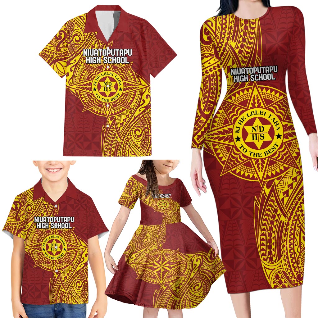 Personalised Tonga Niuatoputapu High School Family Matching Long Sleeve Bodycon Dress and Hawaiian Shirt Special Kupesi Pattern