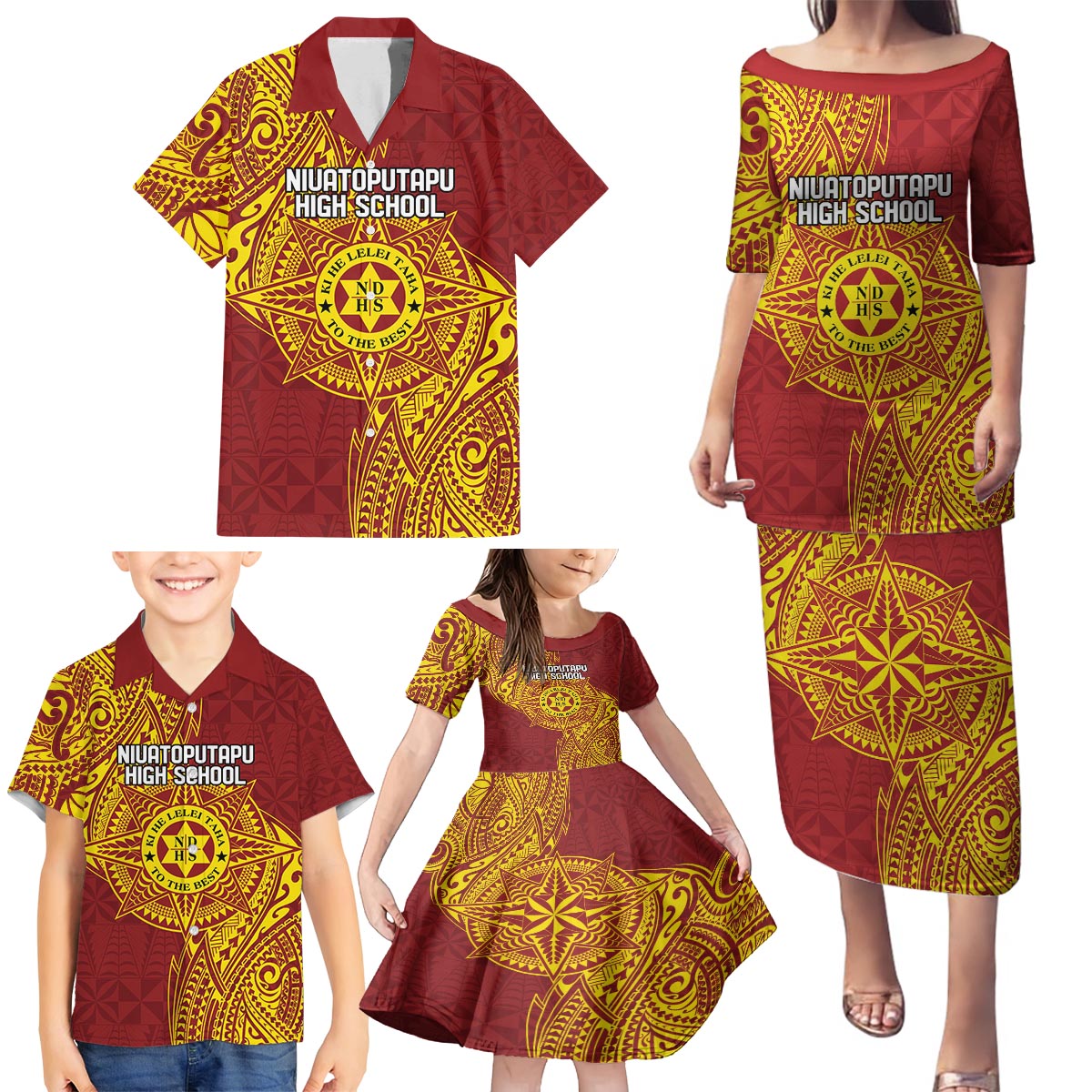 Personalised Tonga Niuatoputapu High School Family Matching Puletasi and Hawaiian Shirt Special Kupesi Pattern LT9 - Polynesian Pride