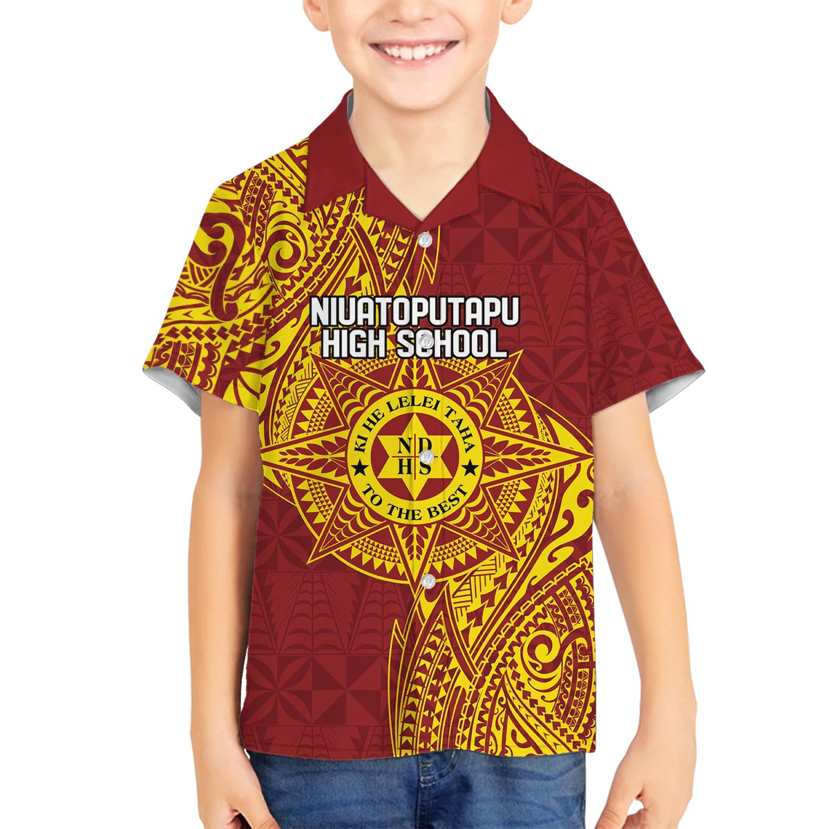 Personalised Tonga Niuatoputapu High School Family Matching Puletasi and Hawaiian Shirt Special Kupesi Pattern LT9 Son's Shirt Gold - Polynesian Pride