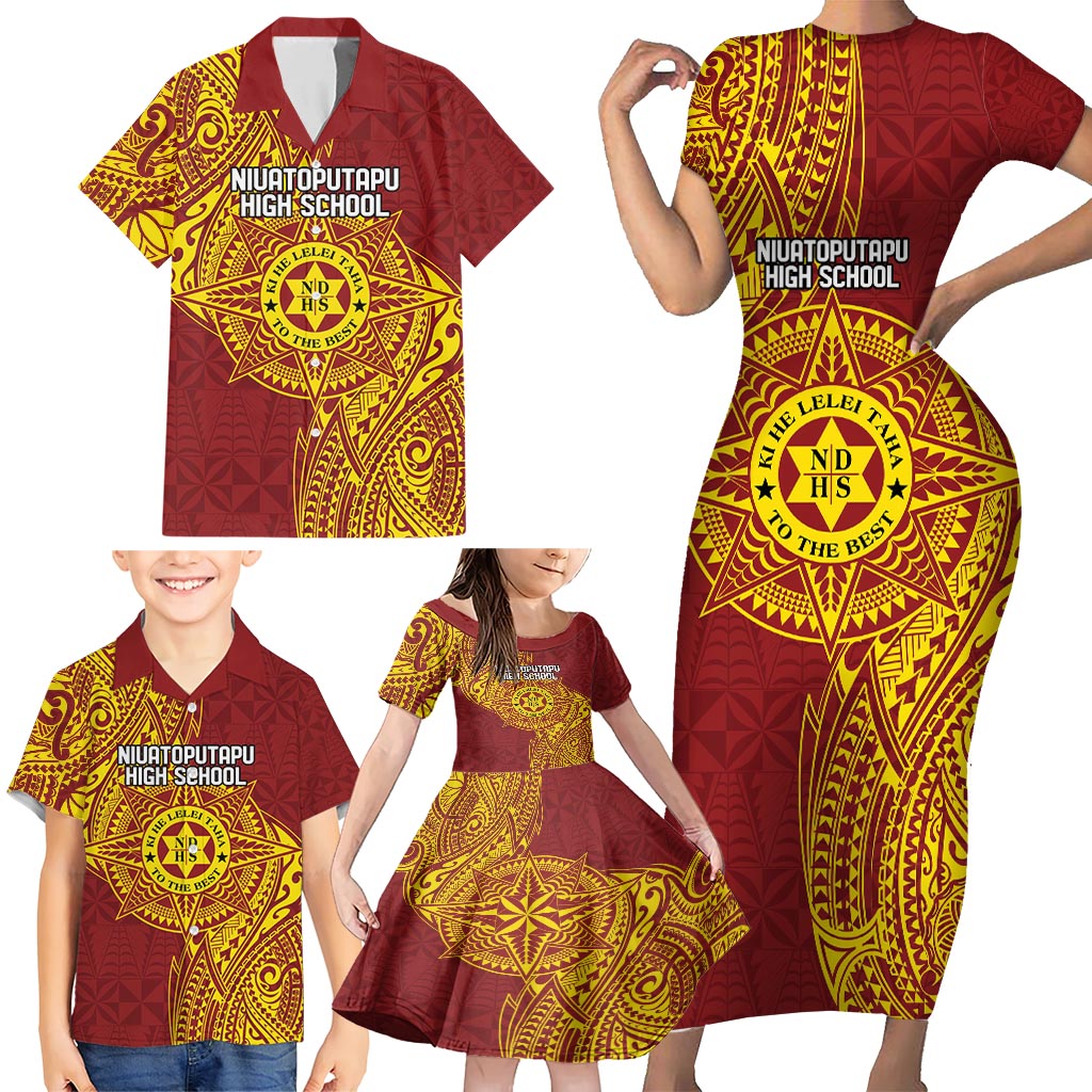 Personalised Tonga Niuatoputapu High School Family Matching Short Sleeve Bodycon Dress and Hawaiian Shirt Special Kupesi Pattern