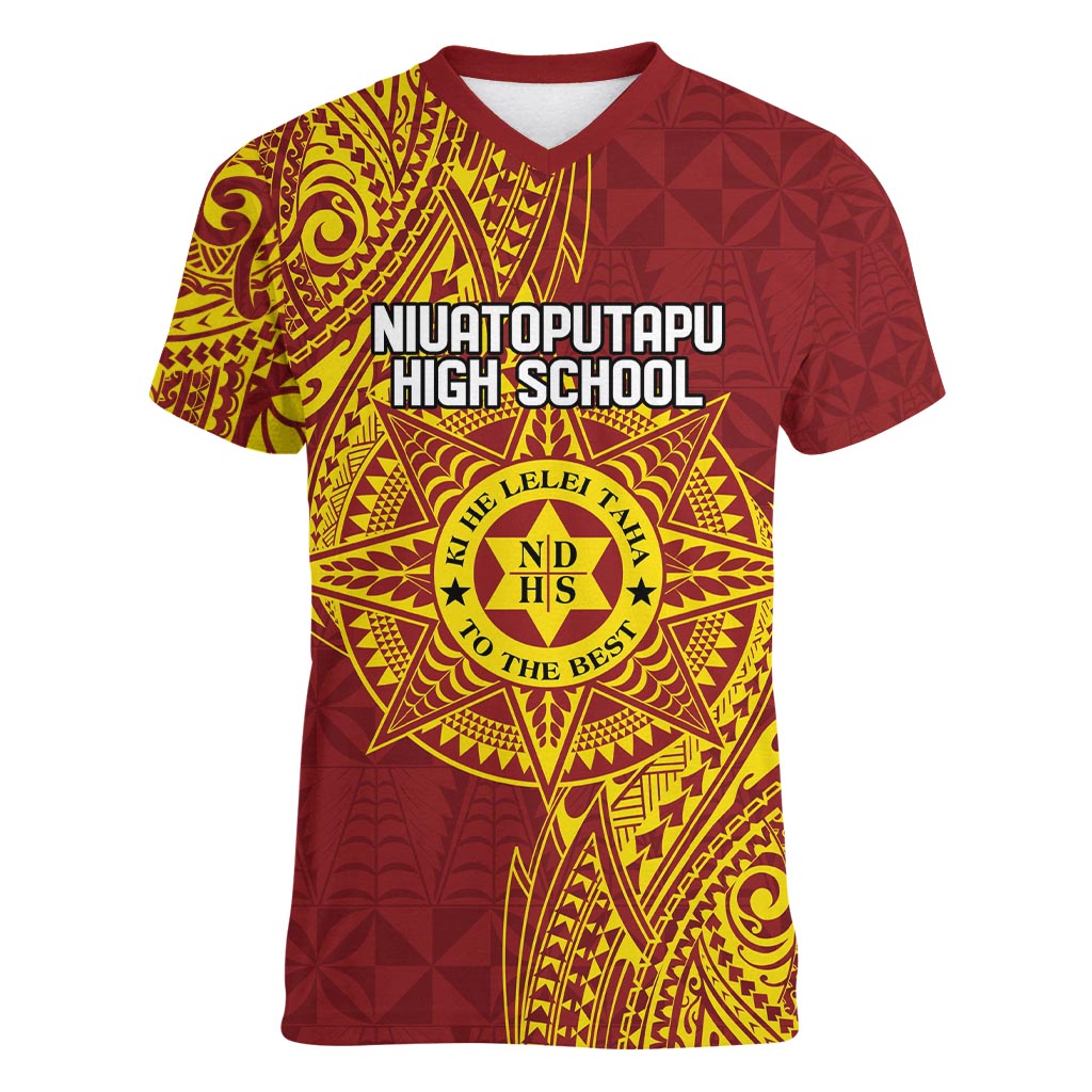 Personalised Tonga Niuatoputapu High School Women V-Neck T-Shirt Special Kupesi Pattern LT9 Female Gold - Polynesian Pride
