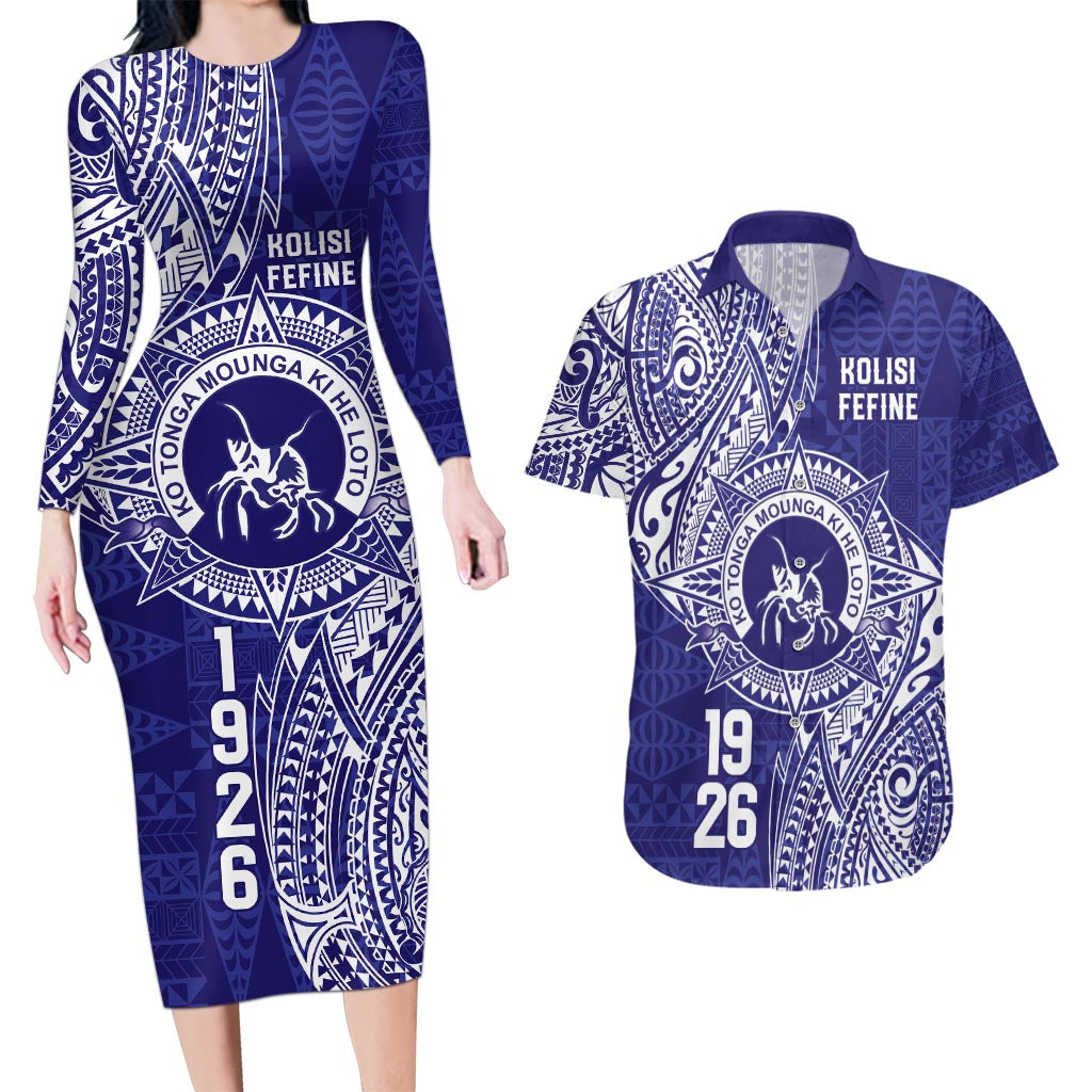 Personalised Tonga Queen Salote College Couples Matching Long Sleeve Bodycon Dress and Hawaiian Shirt Kolisi Fefine 1926 Special Kupesi Pattern