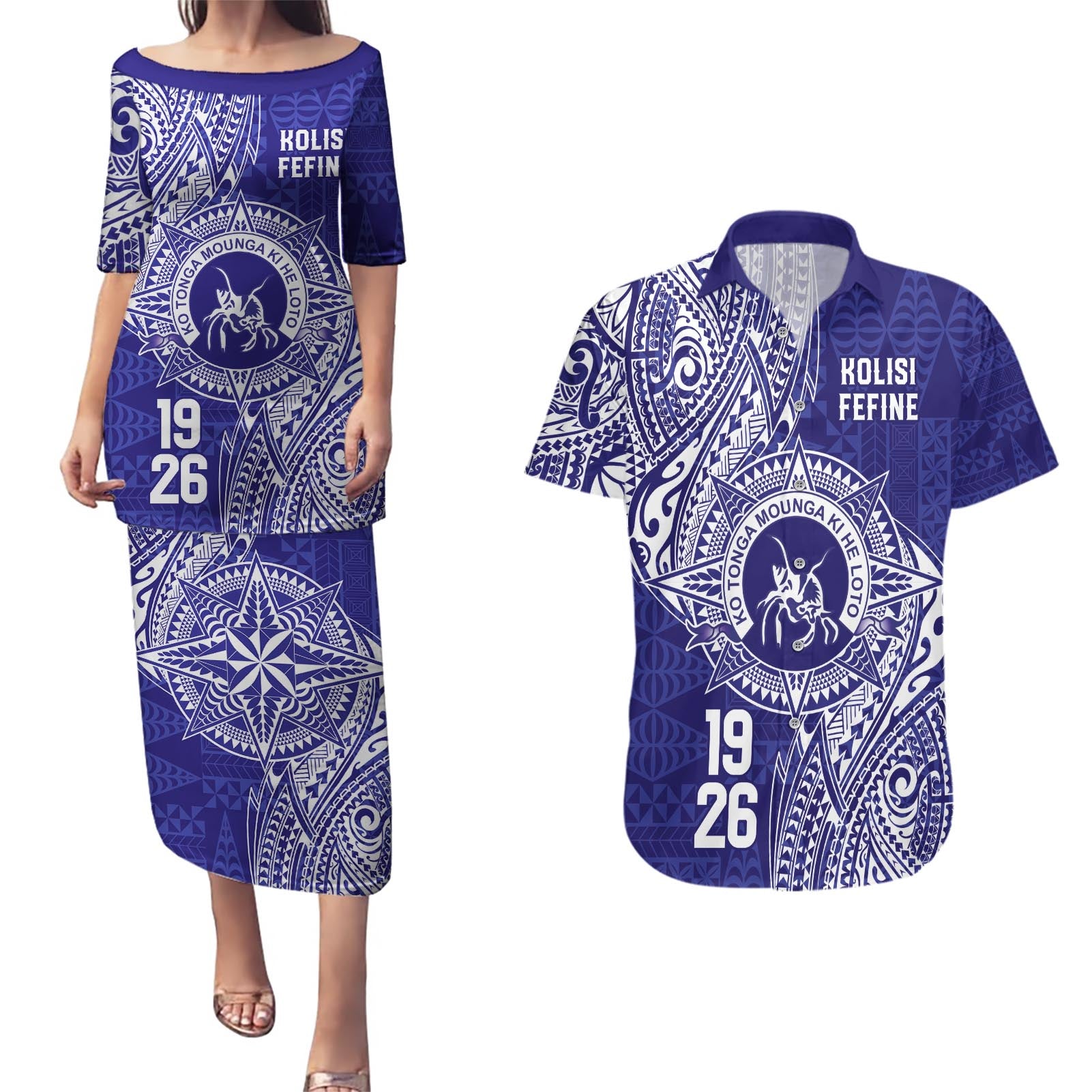 Personalised Tonga Queen Salote College Couples Matching Puletasi and Hawaiian Shirt Kolisi Fefine 1926 Special Kupesi Pattern