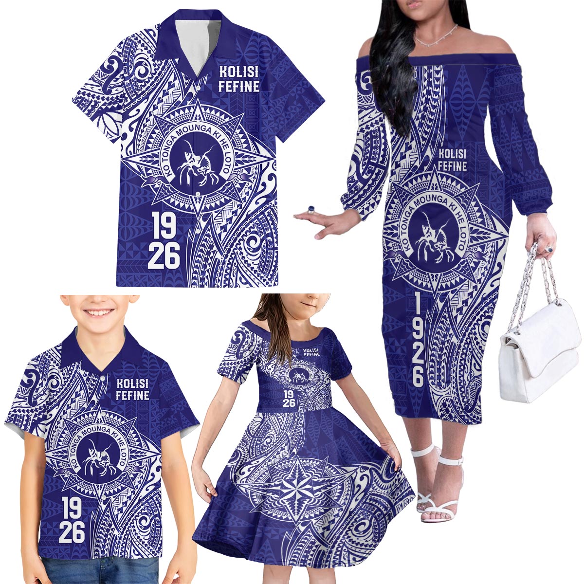 Personalised Tonga Queen Salote College Family Matching Off The Shoulder Long Sleeve Dress and Hawaiian Shirt Kolisi Fefine 1926 Special Kupesi Pattern