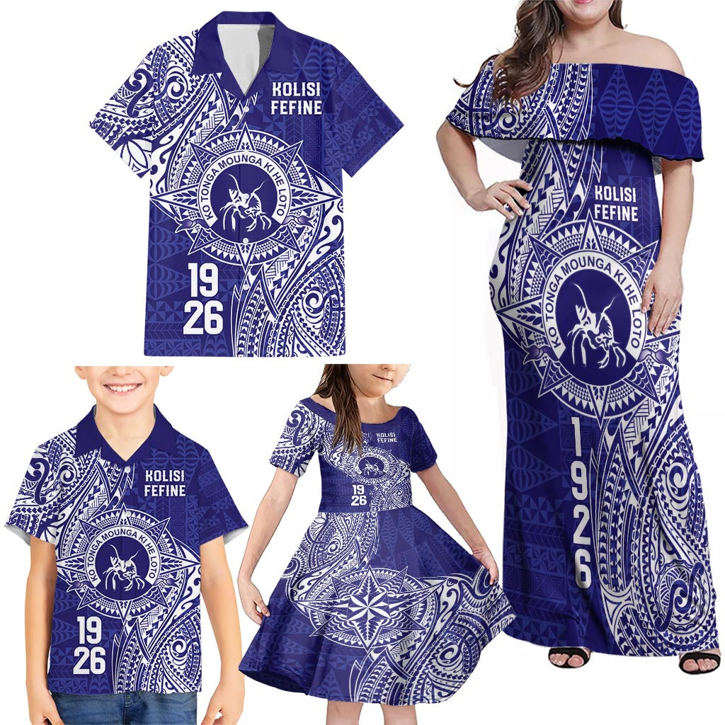 Personalised Tonga Queen Salote College Family Matching Off Shoulder Maxi Dress and Hawaiian Shirt Kolisi Fefine 1926 Special Kupesi Pattern