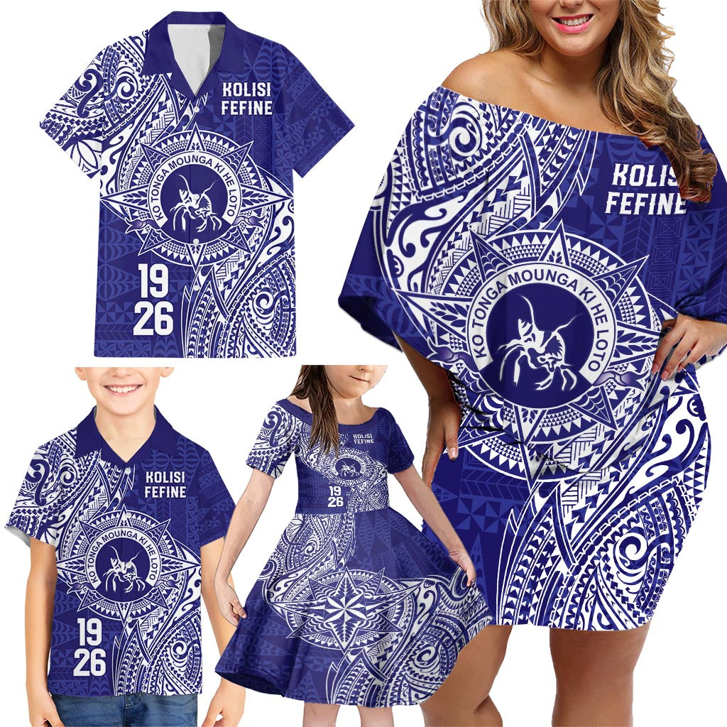 Personalised Tonga Queen Salote College Family Matching Off Shoulder Short Dress and Hawaiian Shirt Kolisi Fefine 1926 Special Kupesi Pattern