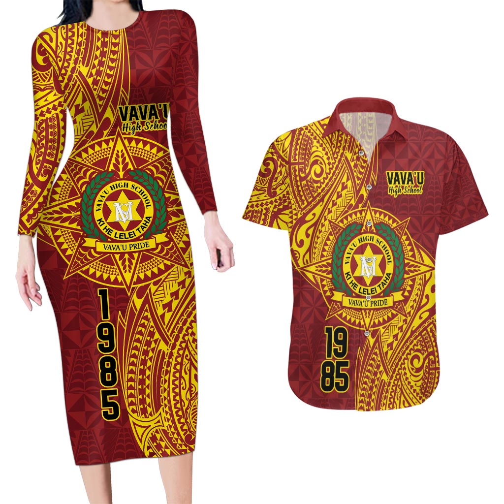 Personalised Tonga Vava'u High School Couples Matching Long Sleeve Bodycon Dress and Hawaiian Shirt Since 1985 Special Kupesi Pattern