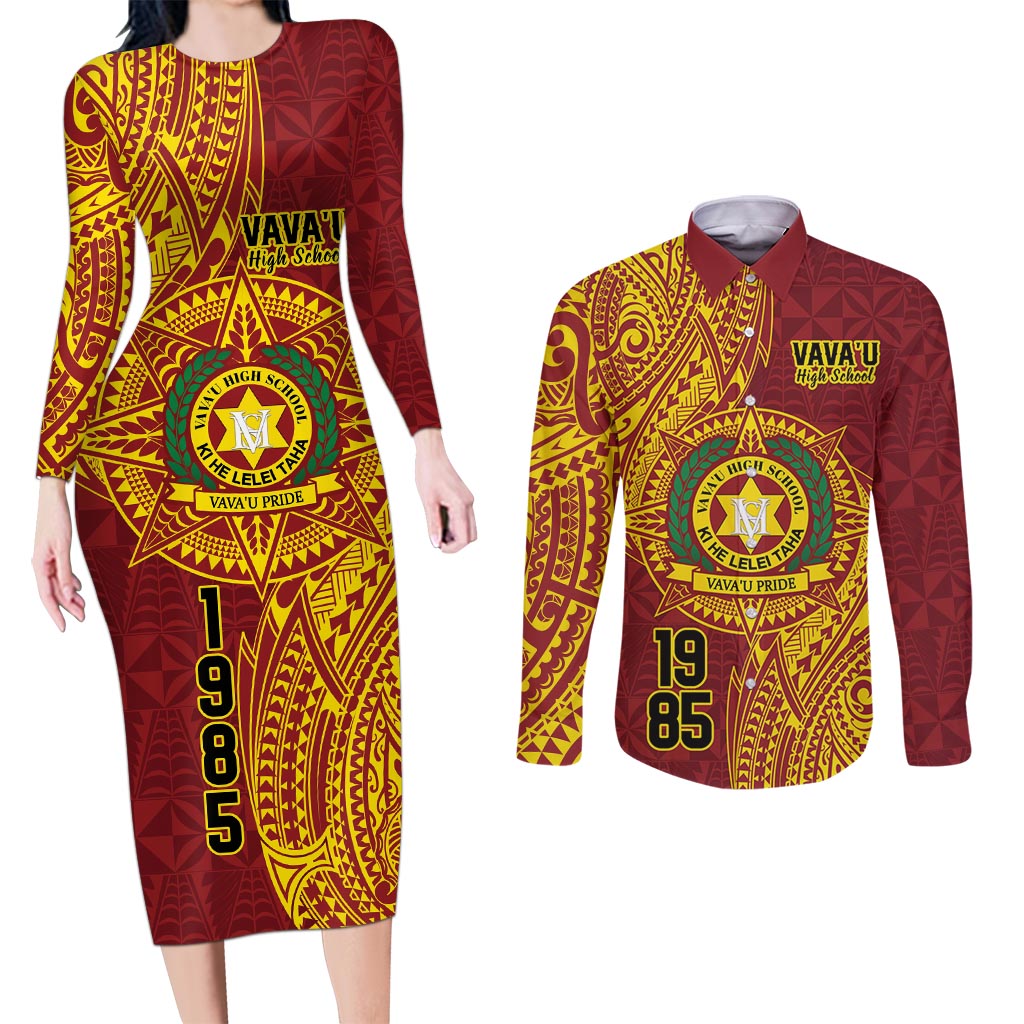 Personalised Tonga Vava'u High School Couples Matching Long Sleeve Bodycon Dress and Long Sleeve Button Shirt Since 1985 Special Kupesi Pattern LT9 Red - Polynesian Pride