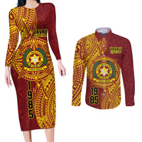 Personalised Tonga Vava'u High School Couples Matching Long Sleeve Bodycon Dress and Long Sleeve Button Shirt Since 1985 Special Kupesi Pattern LT9 Red - Polynesian Pride