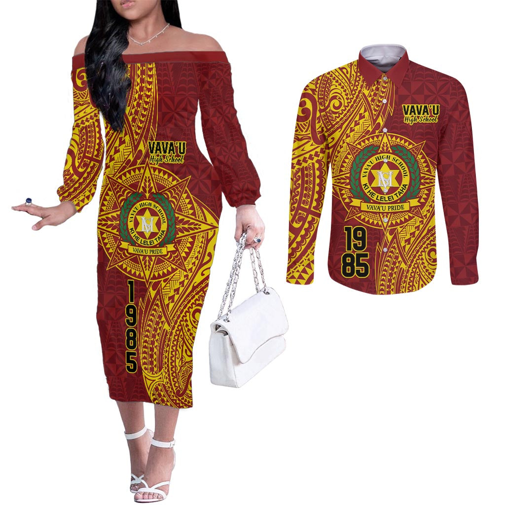 Personalised Tonga Vava'u High School Couples Matching Off The Shoulder Long Sleeve Dress and Long Sleeve Button Shirt Since 1985 Special Kupesi Pattern