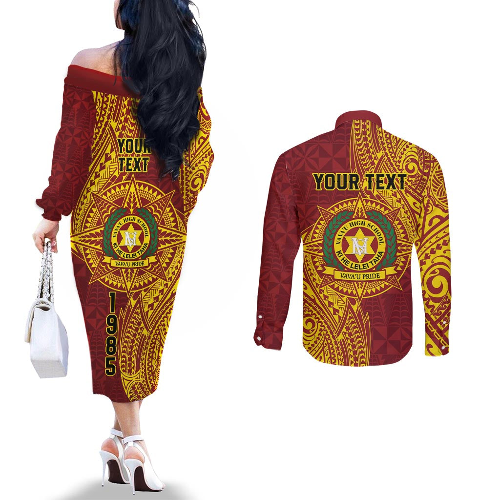 Personalised Tonga Vava'u High School Couples Matching Off The Shoulder Long Sleeve Dress and Long Sleeve Button Shirt Since 1985 Special Kupesi Pattern LT9 - Polynesian Pride