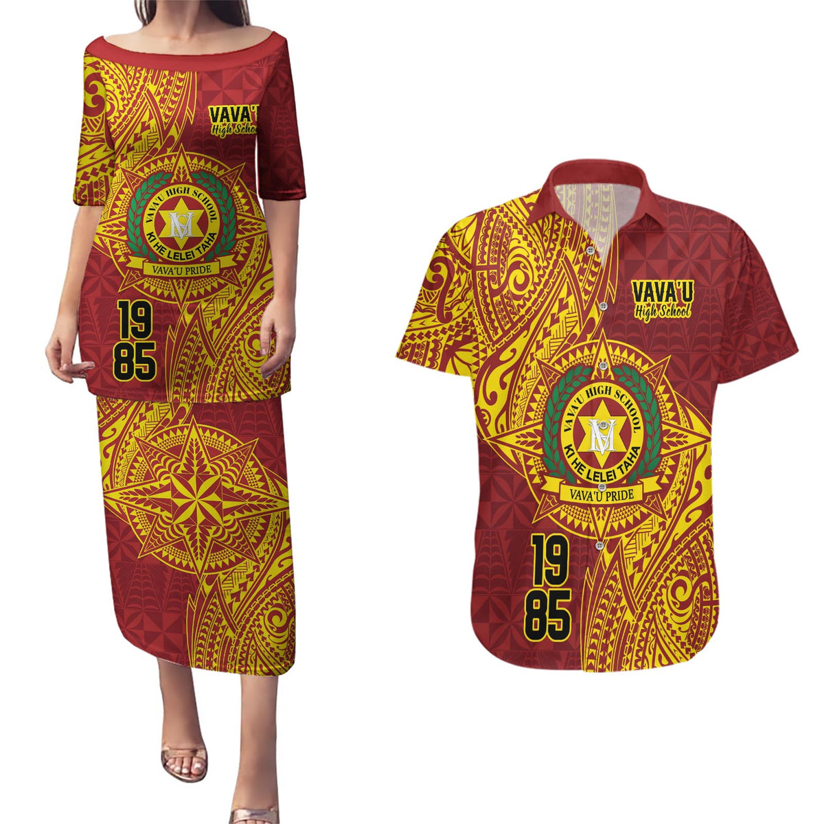 Personalised Tonga Vava'u High School Couples Matching Puletasi and Hawaiian Shirt Since 1985 Special Kupesi Pattern LT9 Red - Polynesian Pride