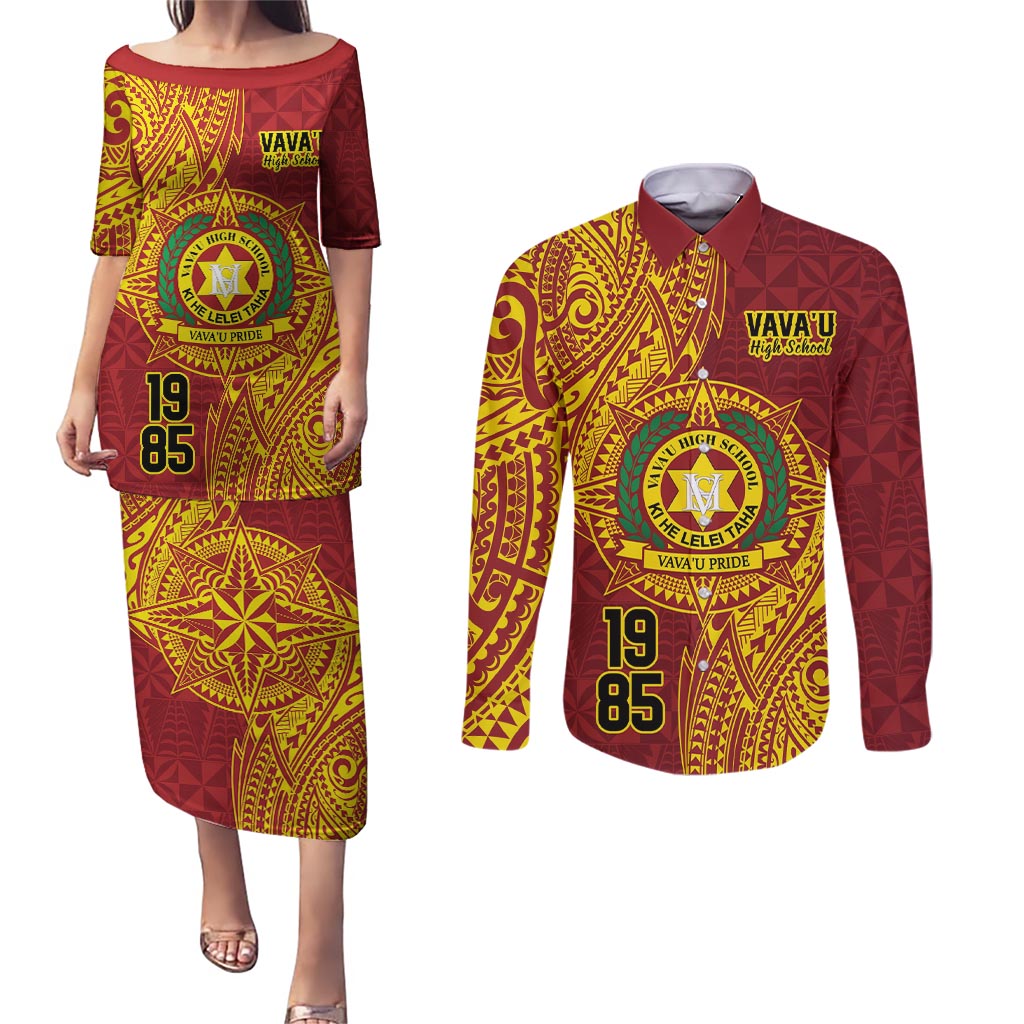 Personalised Tonga Vava'u High School Couples Matching Puletasi and Long Sleeve Button Shirt Since 1985 Special Kupesi Pattern LT9 Red - Polynesian Pride
