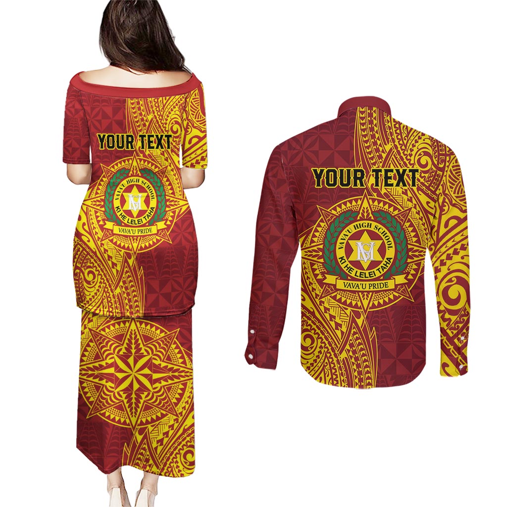 Personalised Tonga Vava'u High School Couples Matching Puletasi and Long Sleeve Button Shirt Since 1985 Special Kupesi Pattern LT9 - Polynesian Pride