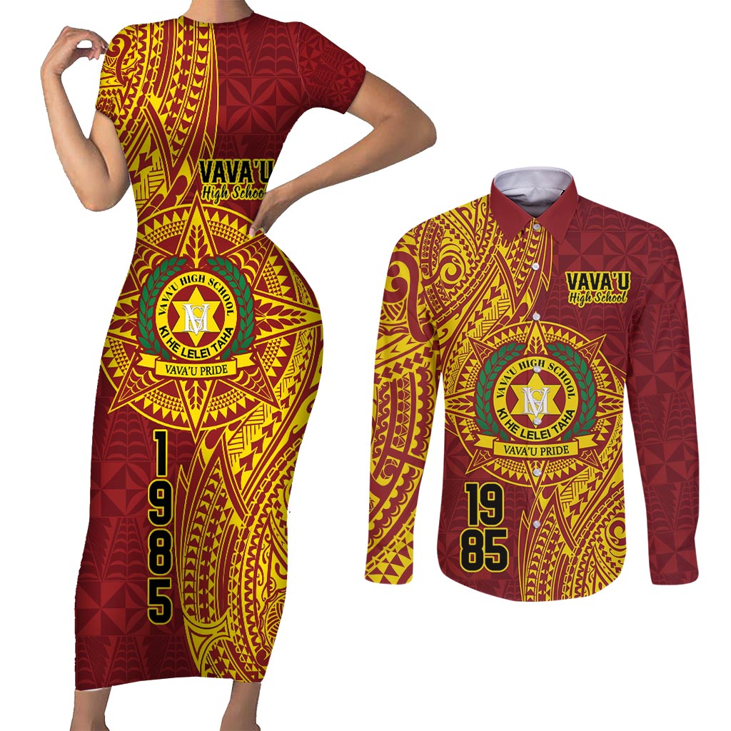 Personalised Tonga Vava'u High School Couples Matching Short Sleeve Bodycon Dress and Long Sleeve Button Shirt Since 1985 Special Kupesi Pattern LT9 Red - Polynesian Pride