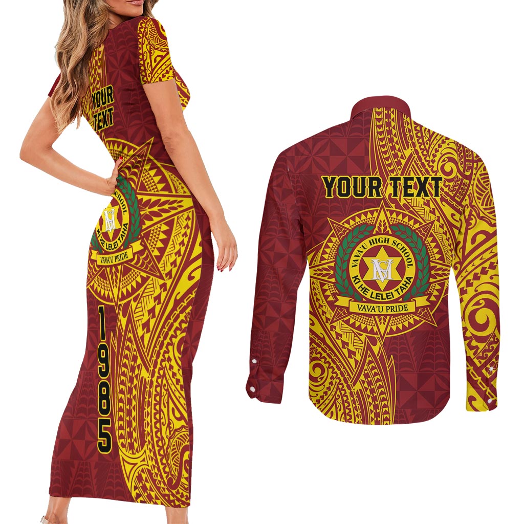 Personalised Tonga Vava'u High School Couples Matching Short Sleeve Bodycon Dress and Long Sleeve Button Shirt Since 1985 Special Kupesi Pattern LT9 - Polynesian Pride