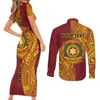 Personalised Tonga Vava'u High School Couples Matching Short Sleeve Bodycon Dress and Long Sleeve Button Shirt Since 1985 Special Kupesi Pattern LT9 - Polynesian Pride