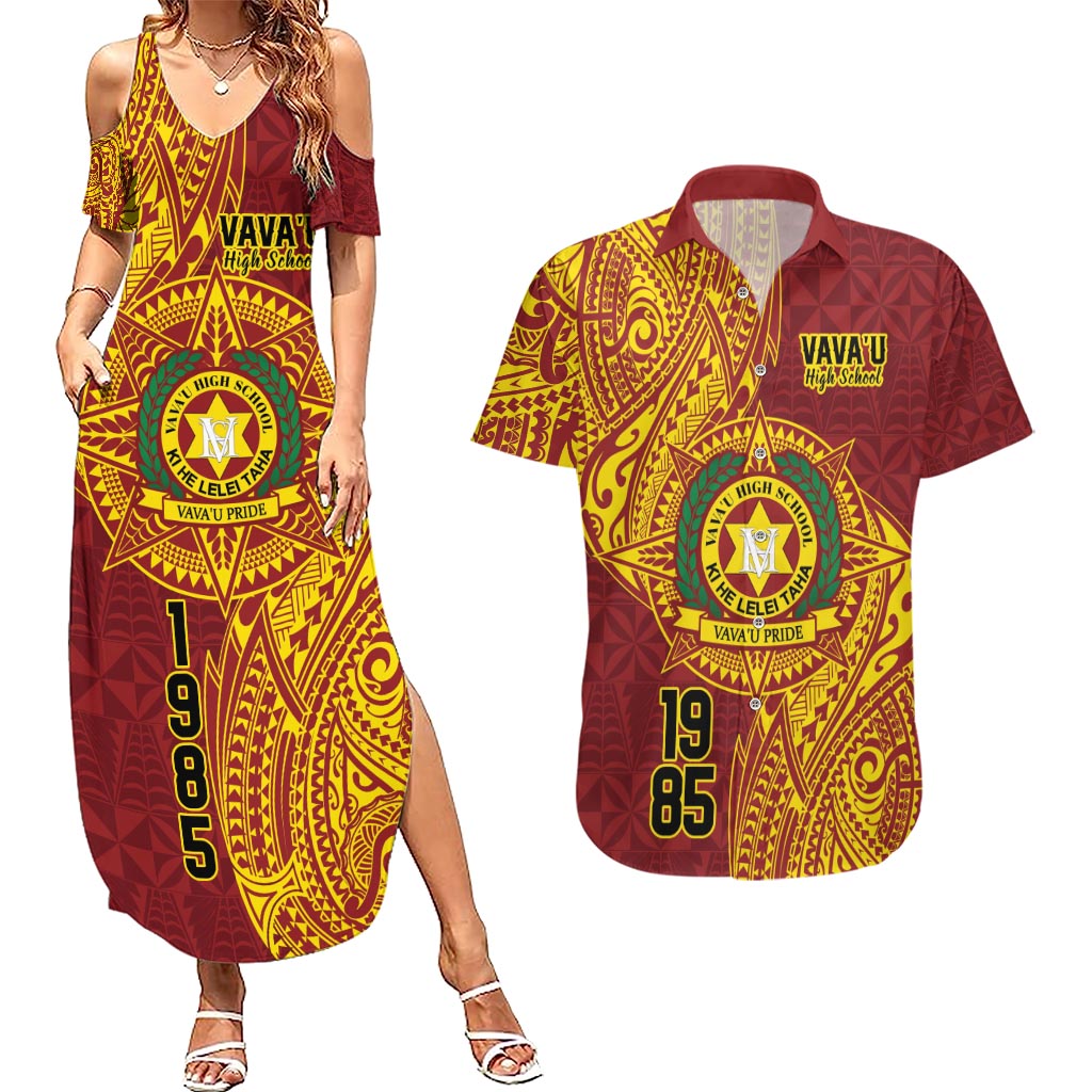 Personalised Tonga Vava'u High School Couples Matching Summer Maxi Dress and Hawaiian Shirt Since 1985 Special Kupesi Pattern LT9 Red - Polynesian Pride