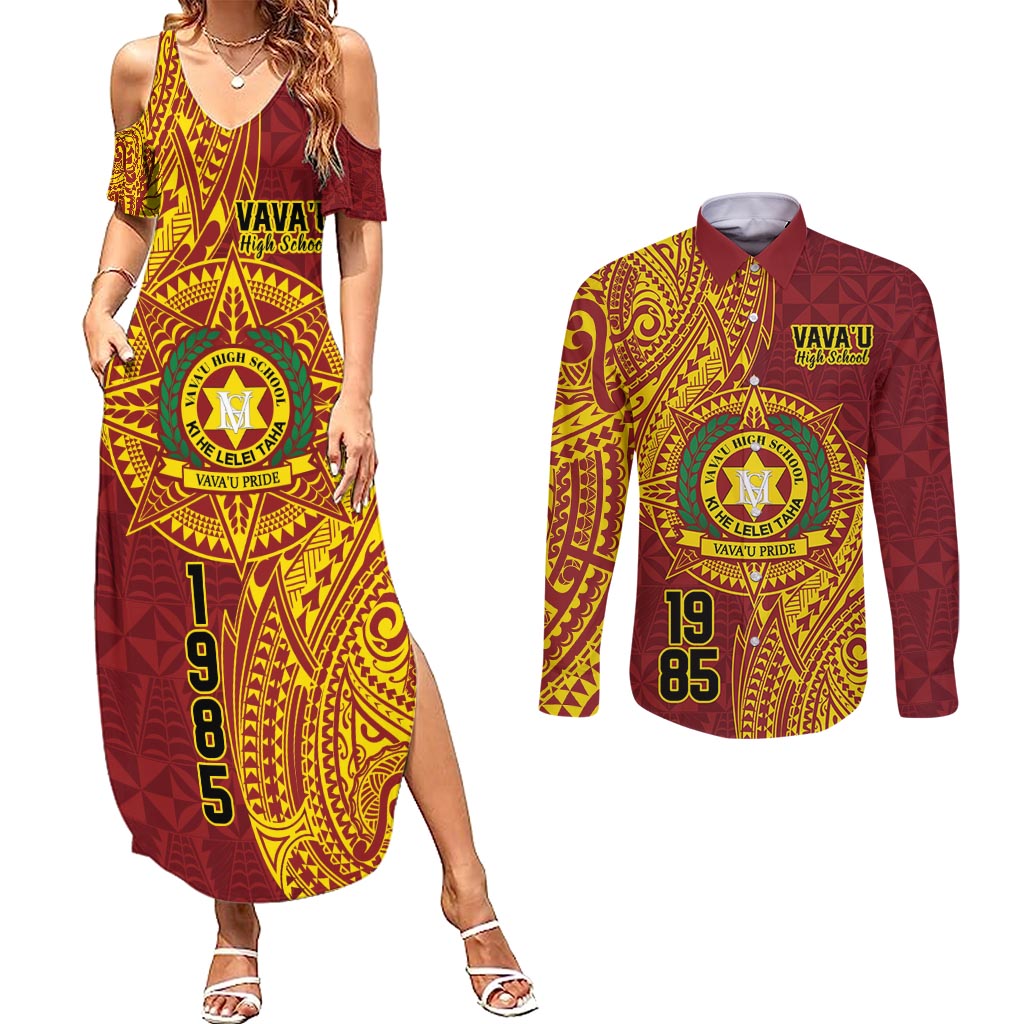 Personalised Tonga Vava'u High School Couples Matching Summer Maxi Dress and Long Sleeve Button Shirt Since 1985 Special Kupesi Pattern