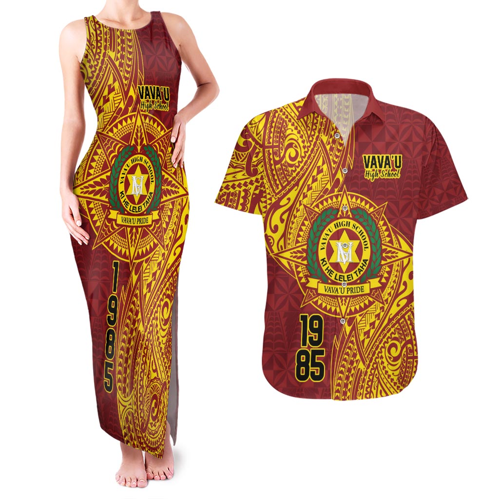 Personalised Tonga Vava'u High School Couples Matching Tank Maxi Dress and Hawaiian Shirt Since 1985 Special Kupesi Pattern