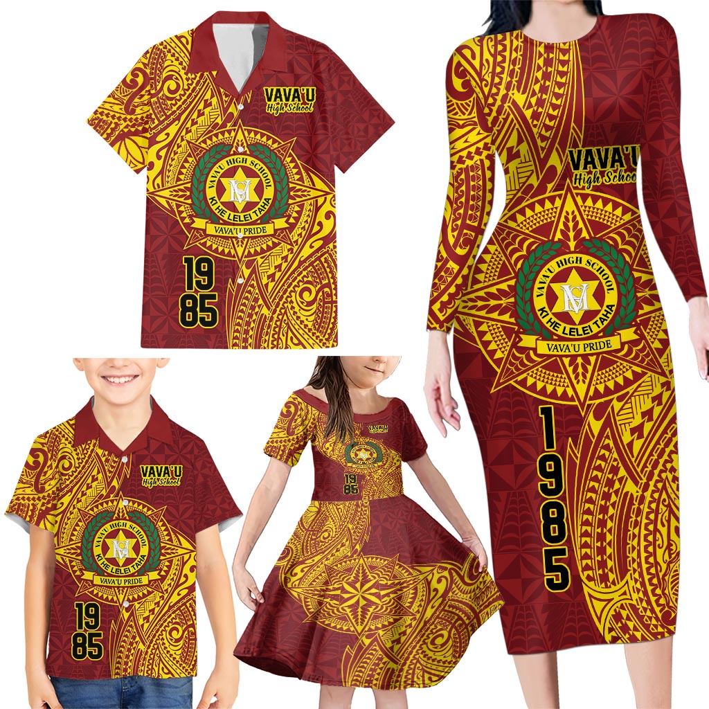 Personalised Tonga Vava'u High School Family Matching Long Sleeve Bodycon Dress and Hawaiian Shirt Since 1985 Special Kupesi Pattern