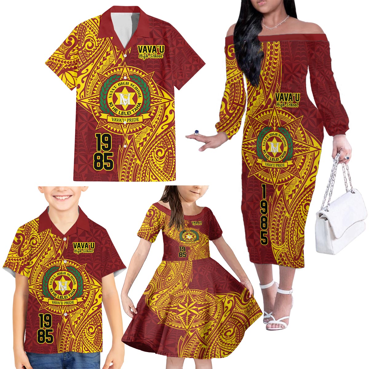 Personalised Tonga Vava'u High School Family Matching Off The Shoulder Long Sleeve Dress and Hawaiian Shirt Since 1985 Special Kupesi Pattern LT9 - Polynesian Pride