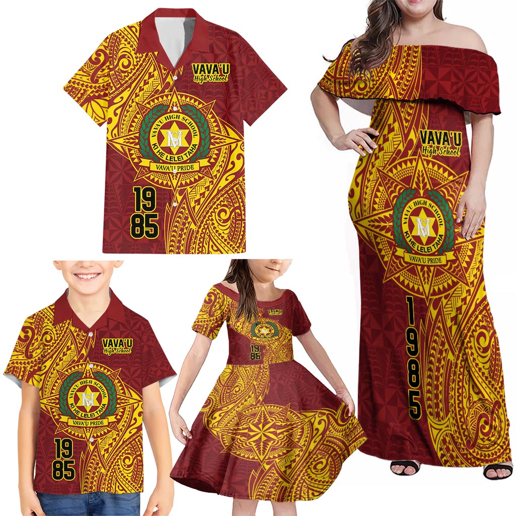 Personalised Tonga Vava'u High School Family Matching Off Shoulder Maxi Dress and Hawaiian Shirt Since 1985 Special Kupesi Pattern