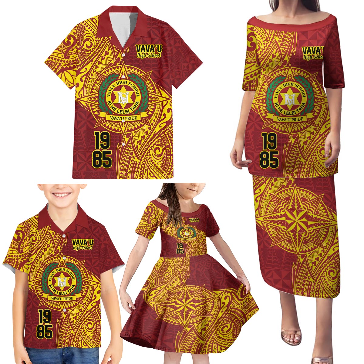 Personalised Tonga Vava'u High School Family Matching Puletasi and Hawaiian Shirt Since 1985 Special Kupesi Pattern LT9 - Polynesian Pride