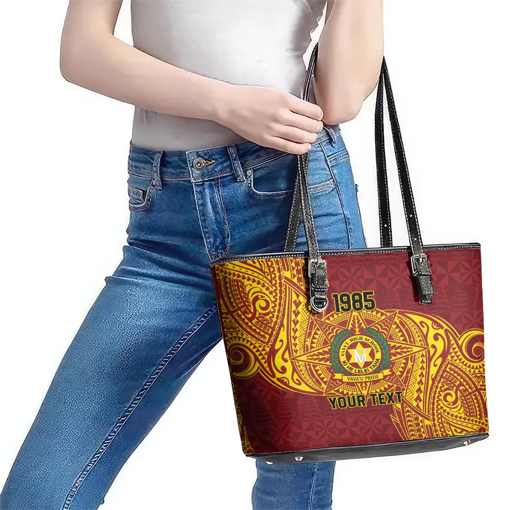 Personalised Tonga Vava'u High School Leather Tote Bag Since 1985 Special Kupesi Pattern LT9 - Polynesian Pride