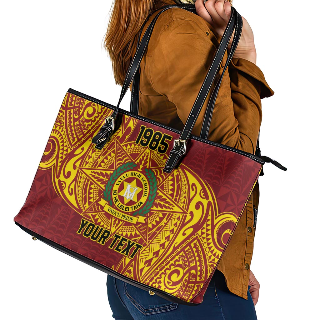 Personalised Tonga Vava'u High School Leather Tote Bag Since 1985 Special Kupesi Pattern LT9 - Polynesian Pride