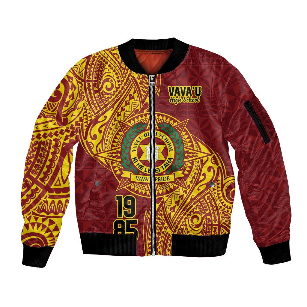 Personalised Tonga Vava'u High School Sleeve Zip Bomber Jacket Since 1985 Special Kupesi Pattern LT9 Unisex Red - Polynesian Pride