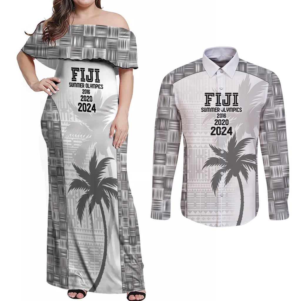 Custom Fiji Rugby Couples Matching Off Shoulder Maxi Dress and Long Sleeve Button Shirt History Champions World Cup 7s - White