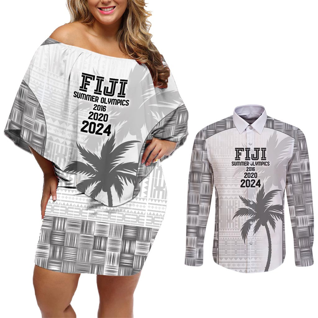 Custom Fiji Rugby Couples Matching Off Shoulder Short Dress and Long Sleeve Button Shirt History Champions World Cup 7s - White