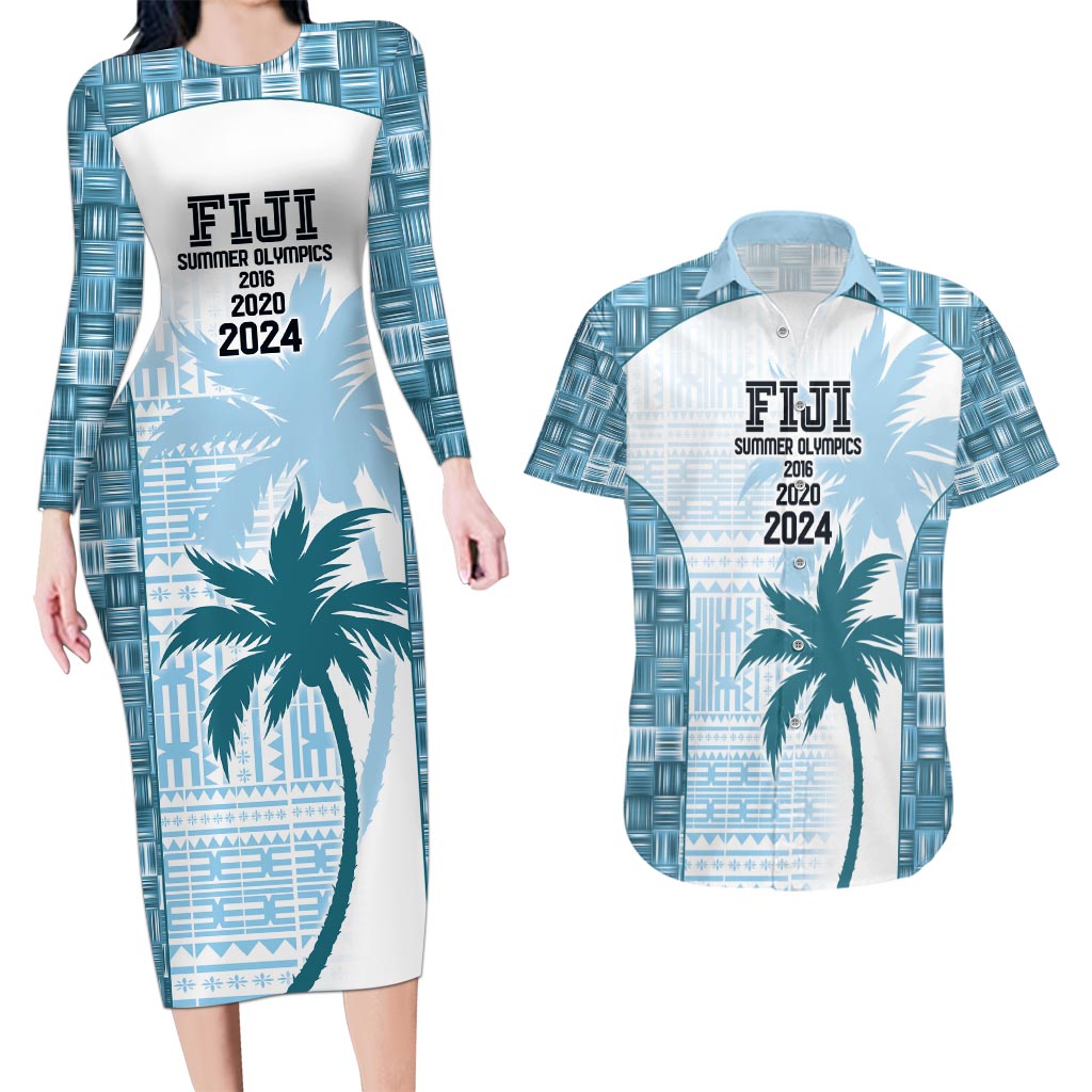 Custom Fiji Rugby Couples Matching Long Sleeve Bodycon Dress and Hawaiian Shirt History Champions World Cup 7s - Bllue
