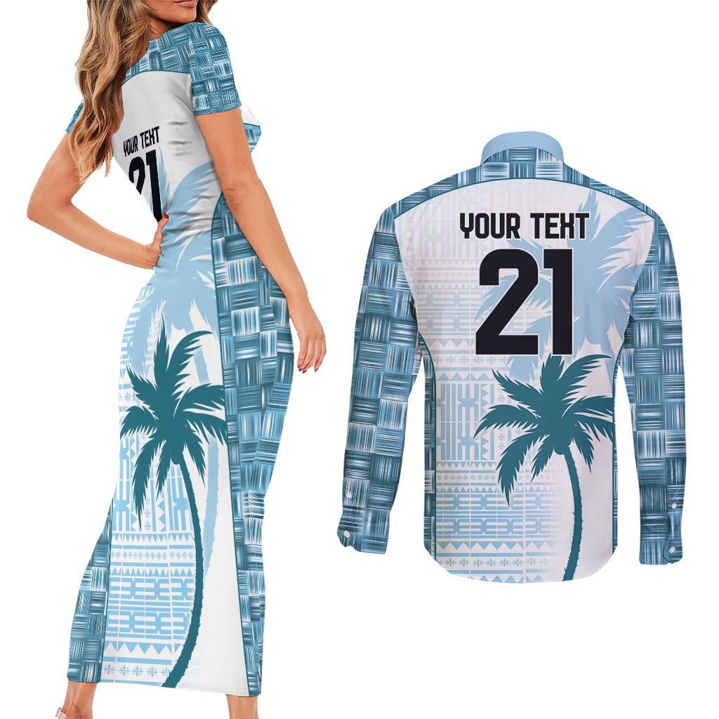 Custom Fiji Rugby Couples Matching Short Sleeve Bodycon Dress and Long Sleeve Button Shirt History Champions World Cup 7s - Bllue