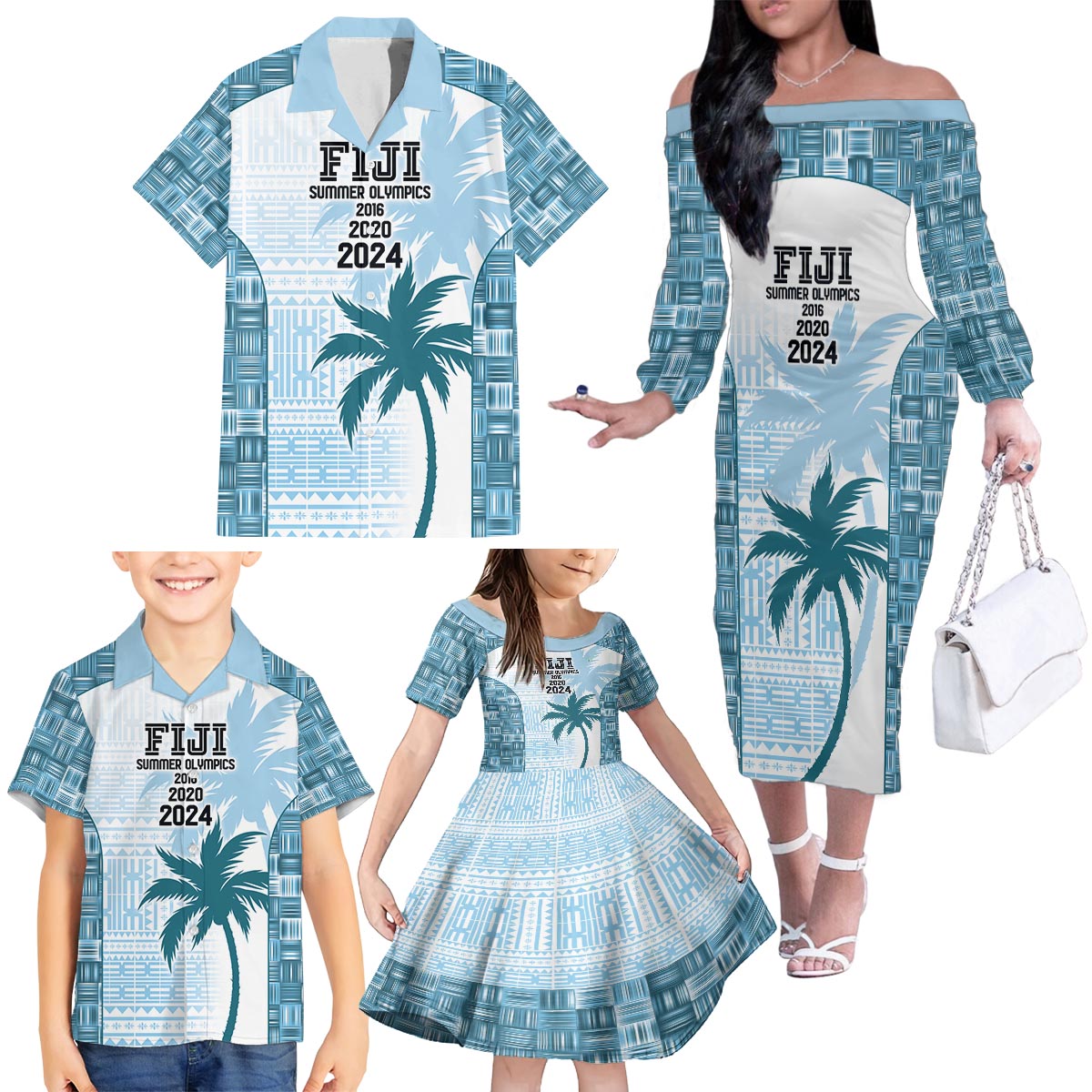 Custom Fiji Rugby Family Matching Off The Shoulder Long Sleeve Dress and Hawaiian Shirt History Champions World Cup 7s - Bllue