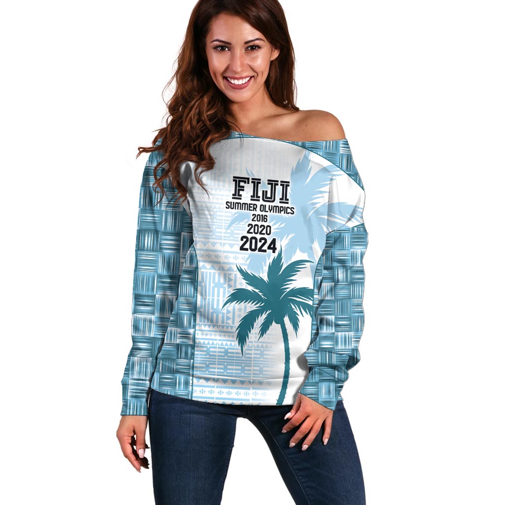 Custom Fiji Rugby Off Shoulder Sweater History Champions World Cup 7s - Bllue
