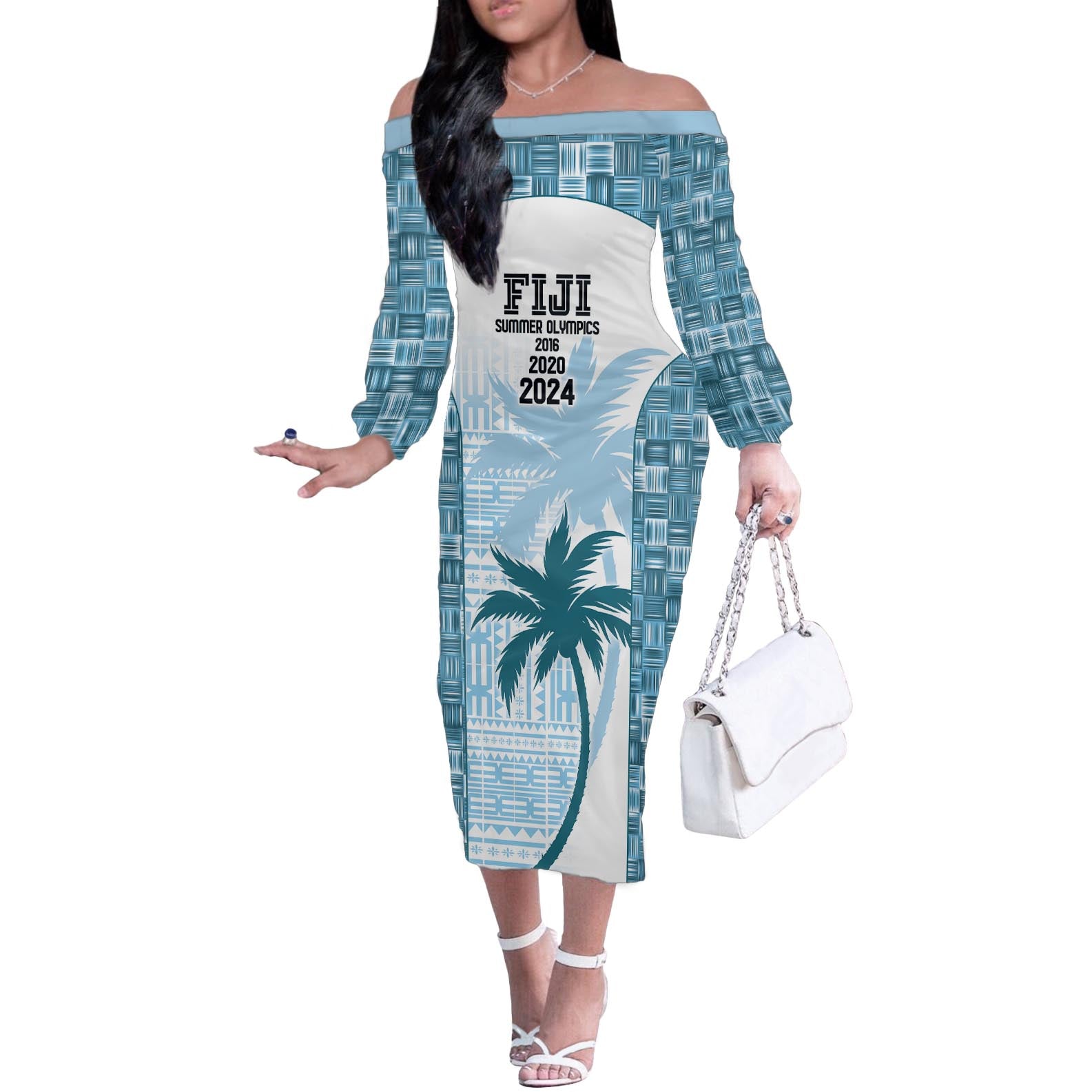 Custom Fiji Rugby Off The Shoulder Long Sleeve Dress History Champions World Cup 7s - Bllue