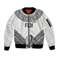 Custom Rugby Fiji National Heritage Sleeve Zip Bomber Jacket White Traditional Masi Inspired