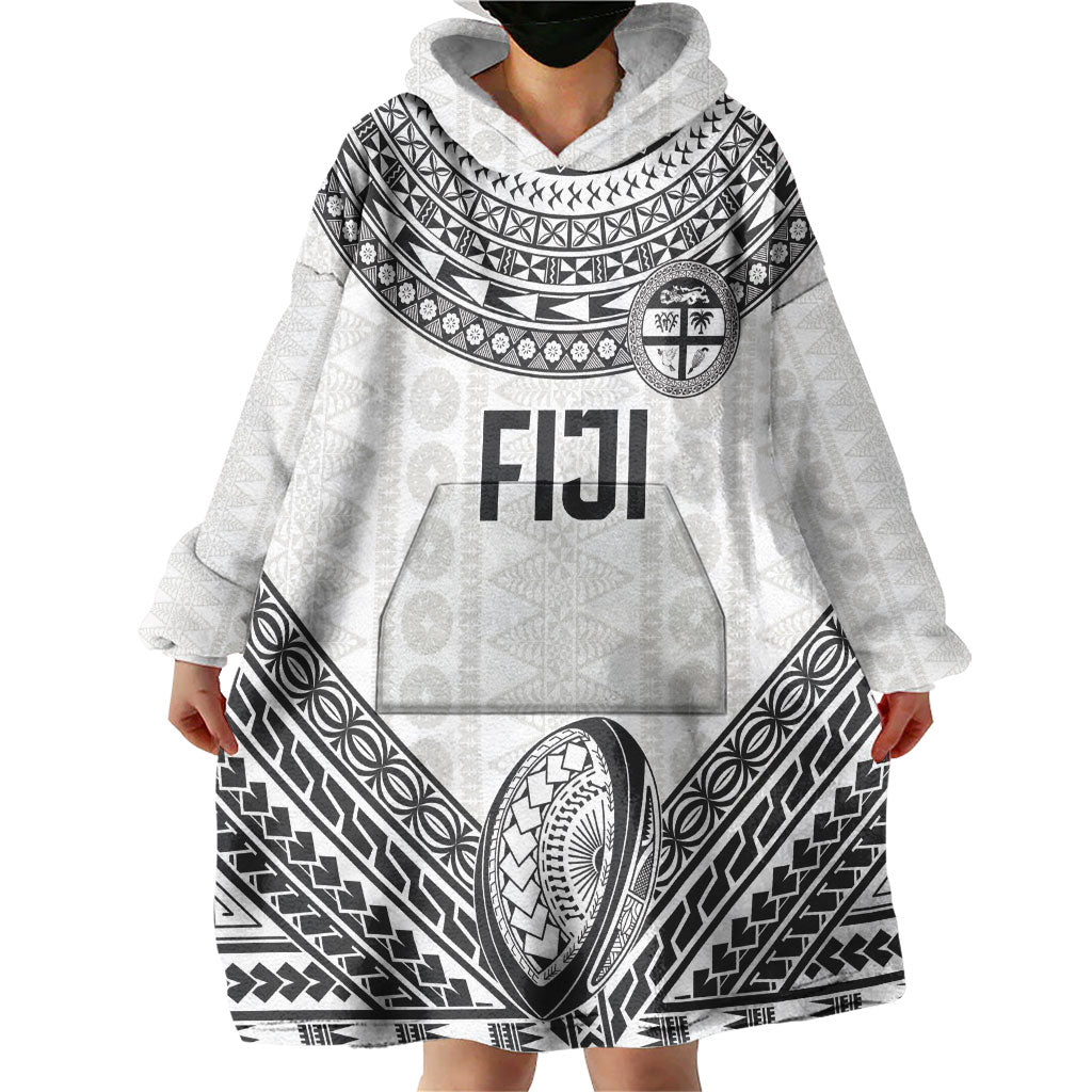 Custom Rugby Fiji National Heritage Wearable Blanket Hoodie White Traditional Masi Inspired