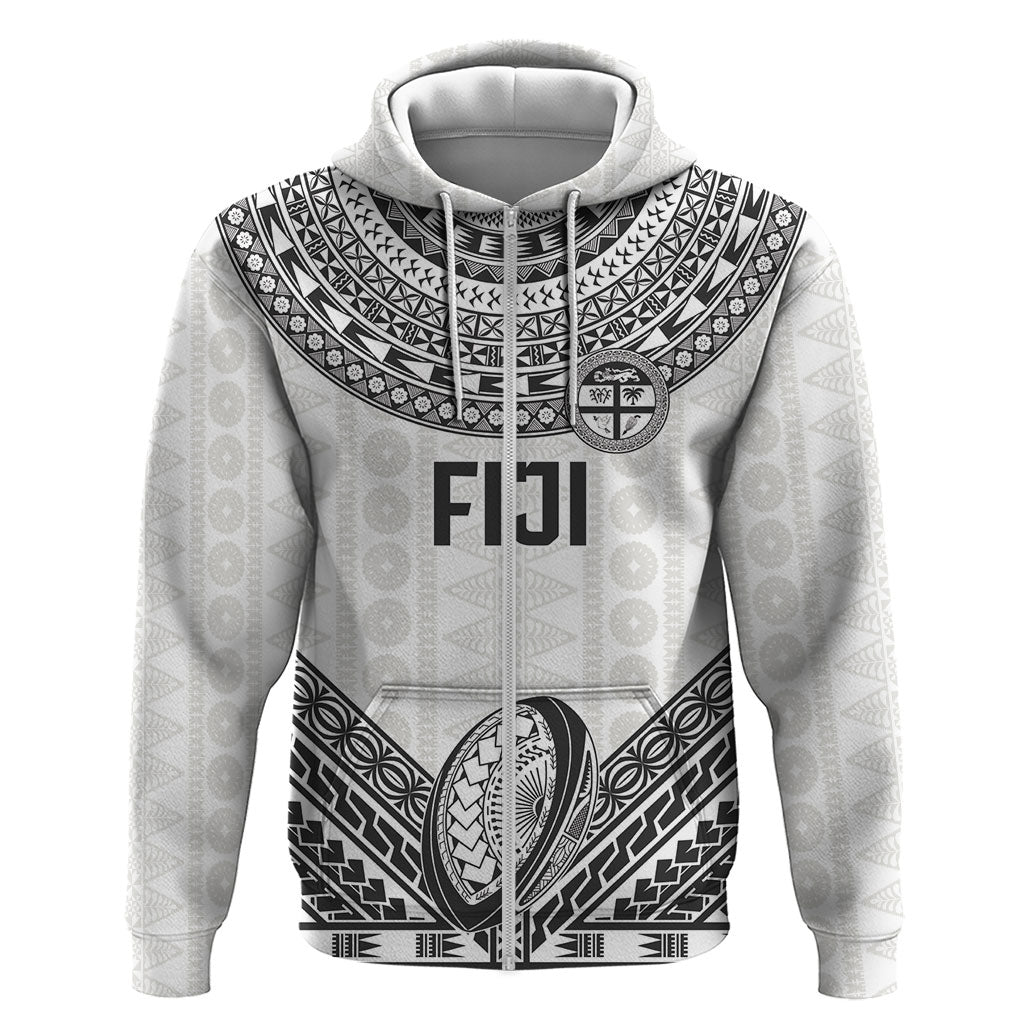Custom Rugby Fiji National Heritage Zip Hoodie White Traditional Masi Inspired LT9 Zip Hoodie White - Polynesian Pride