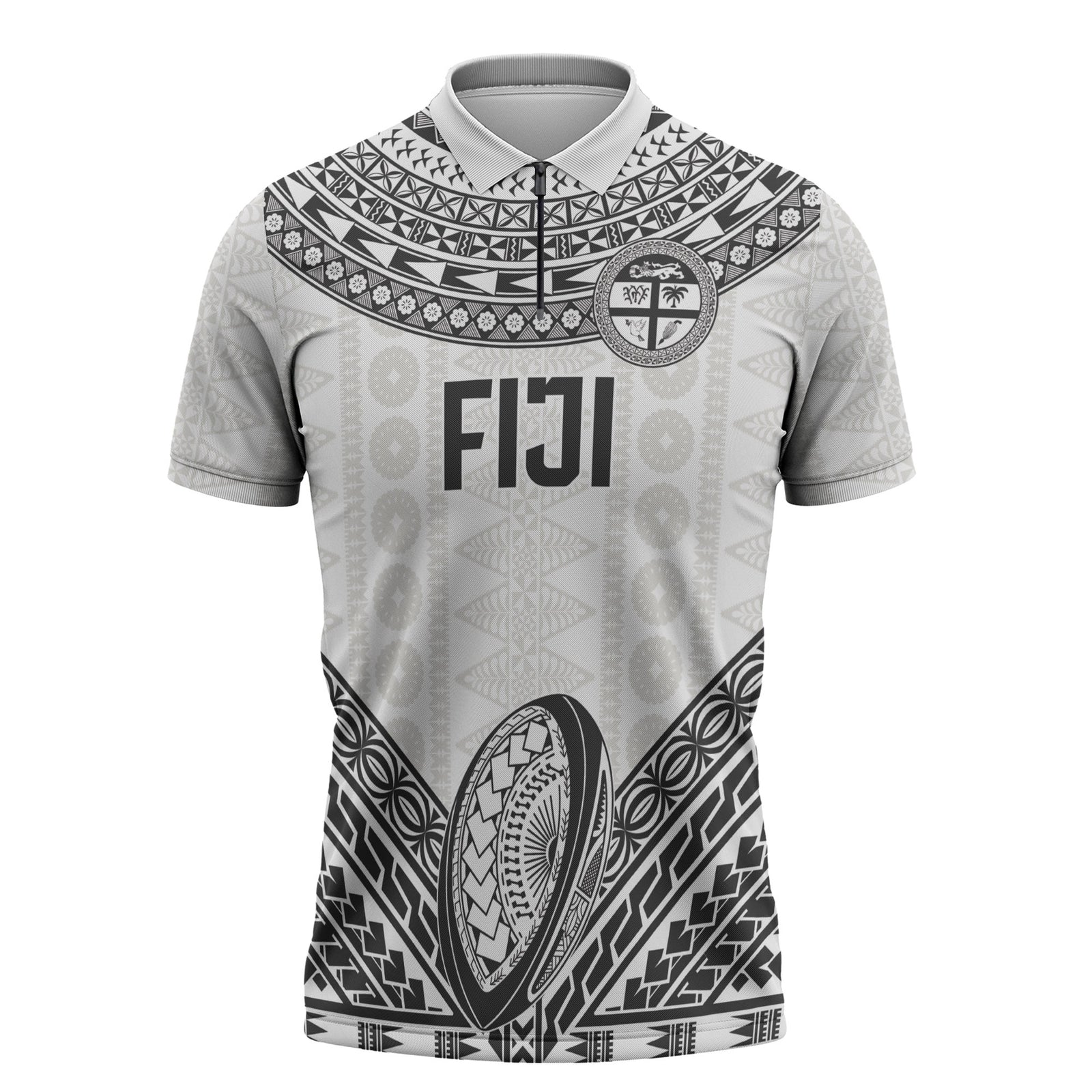 Custom Rugby Fiji National Heritage Zipper Polo Shirt White Traditional Masi Inspired LT9 White - Polynesian Pride