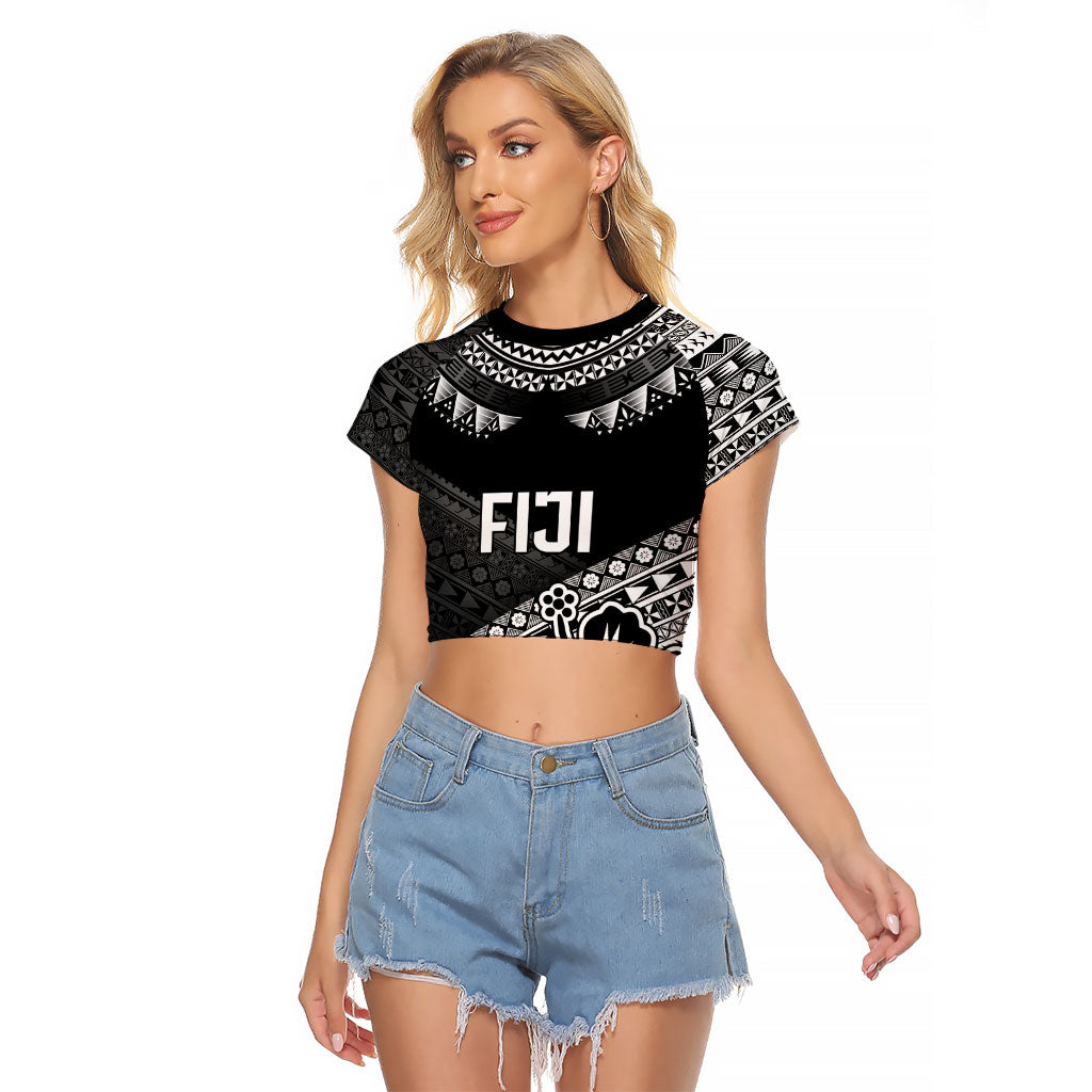 Custom Rugby Fiji Raglan Cropped T Shirt Black Traditional Masi Inspired