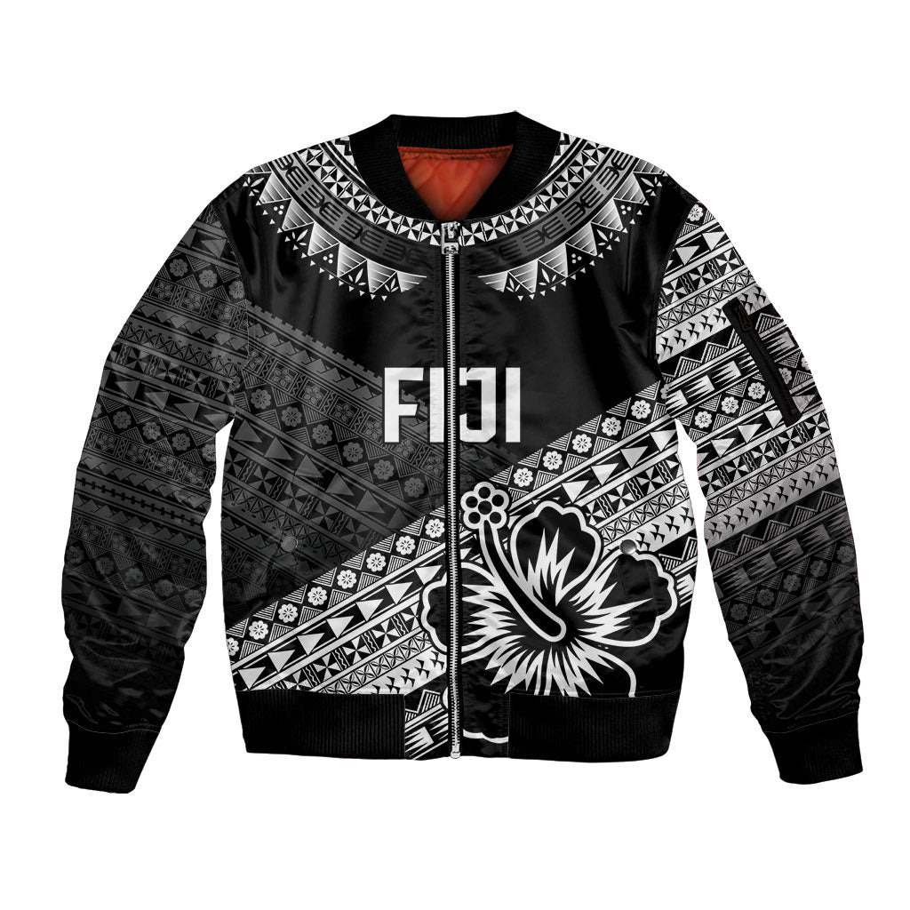 Custom Rugby Fiji Sleeve Zip Bomber Jacket Black Traditional Masi Inspired