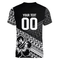 Custom Rugby Fiji Women V-Neck T-Shirt Black Traditional Masi Inspired