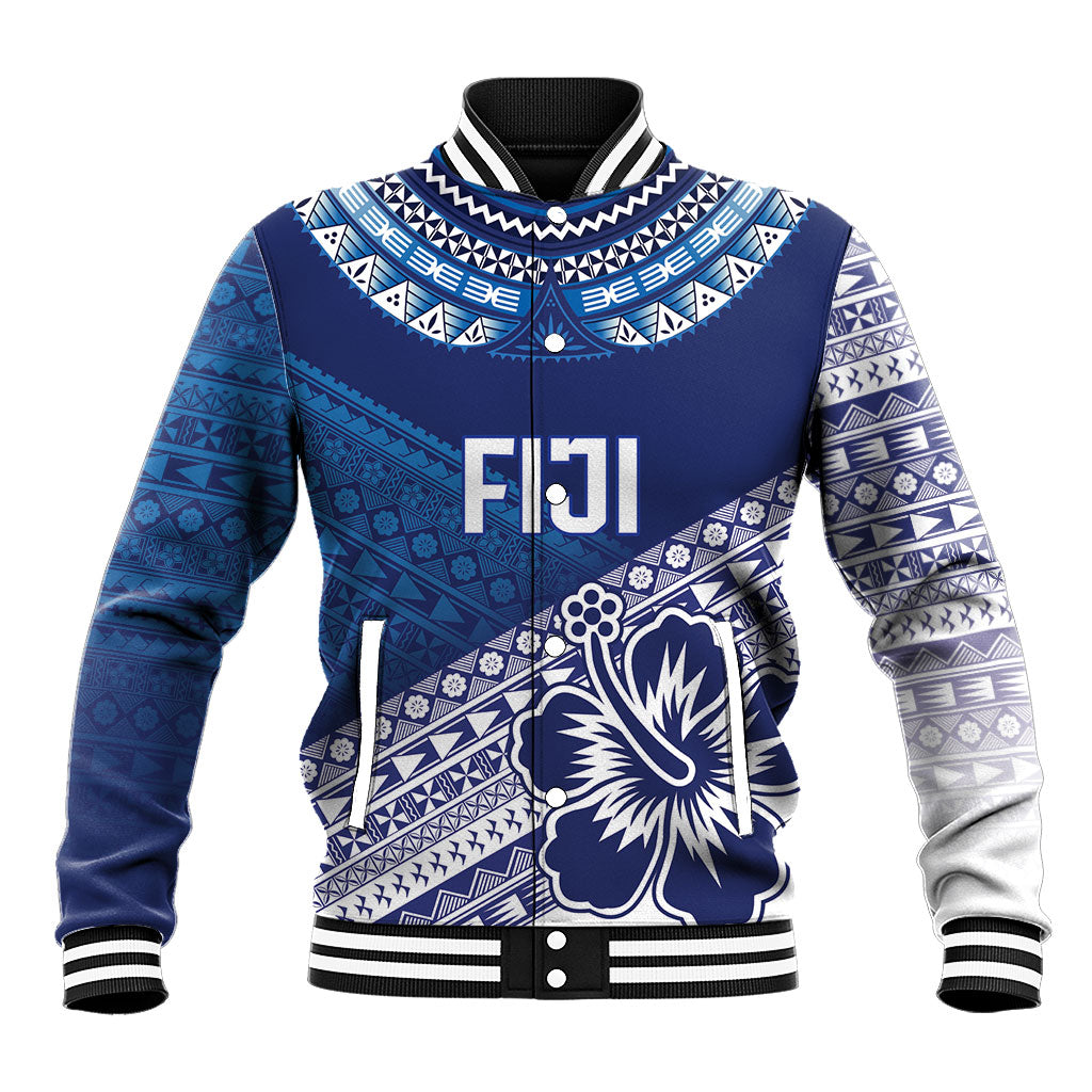 Custom Rugby Fiji Baseball Jacket Blue Traditional Masi Inspired LT9 Unisex Blue - Polynesian Pride