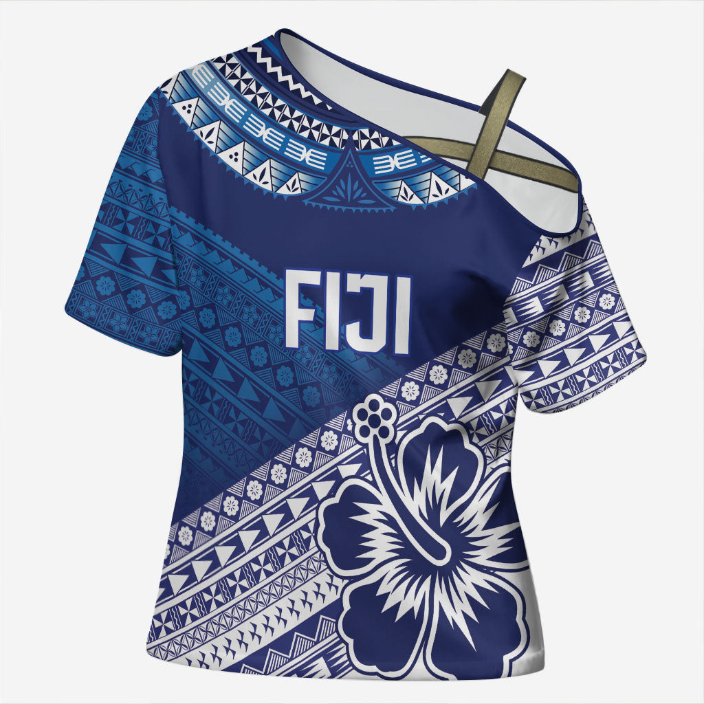 Custom Rugby Fiji Cross Shoulder Shirt Blue Traditional Masi Inspired