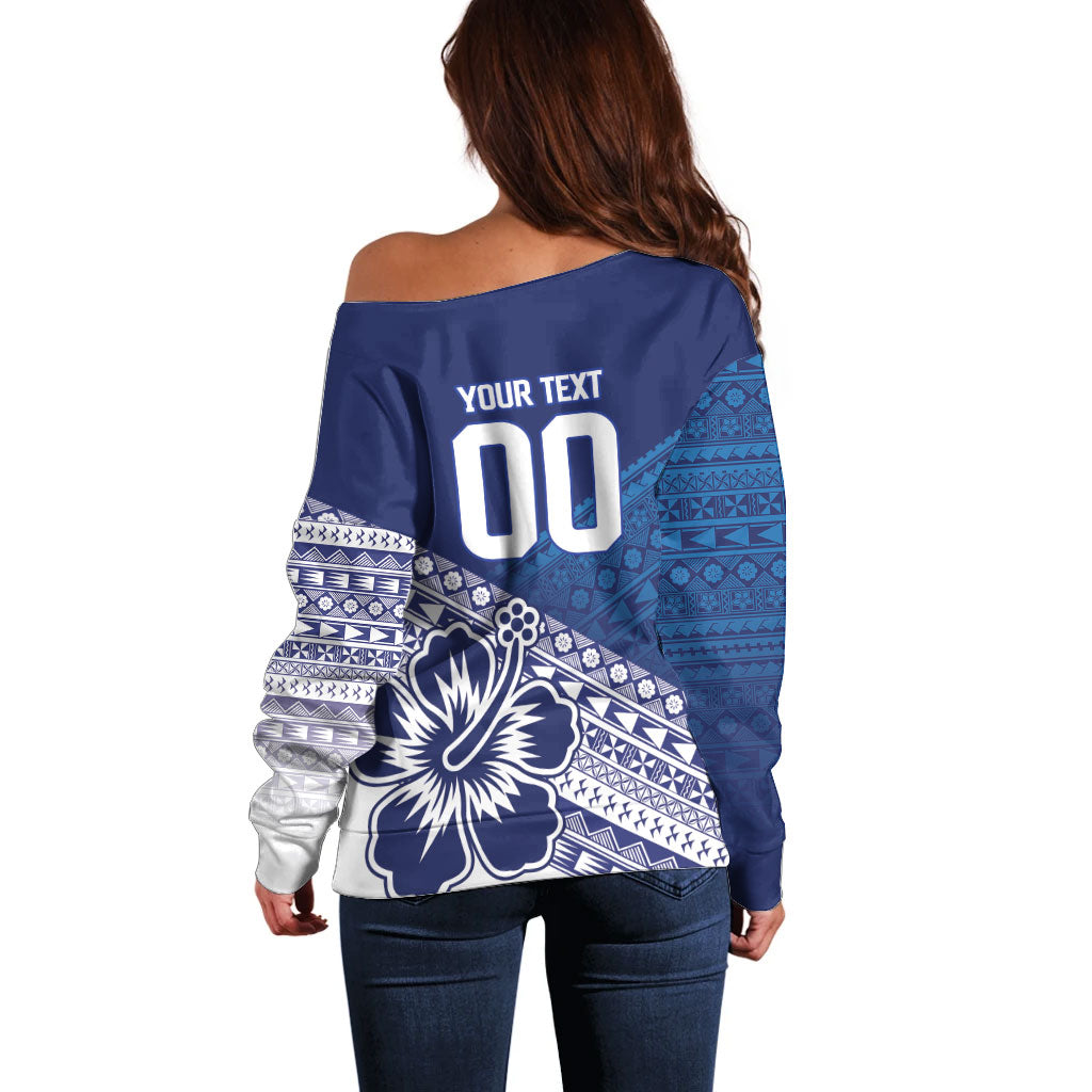 Custom Rugby Fiji Off Shoulder Sweater Blue Traditional Masi Inspired