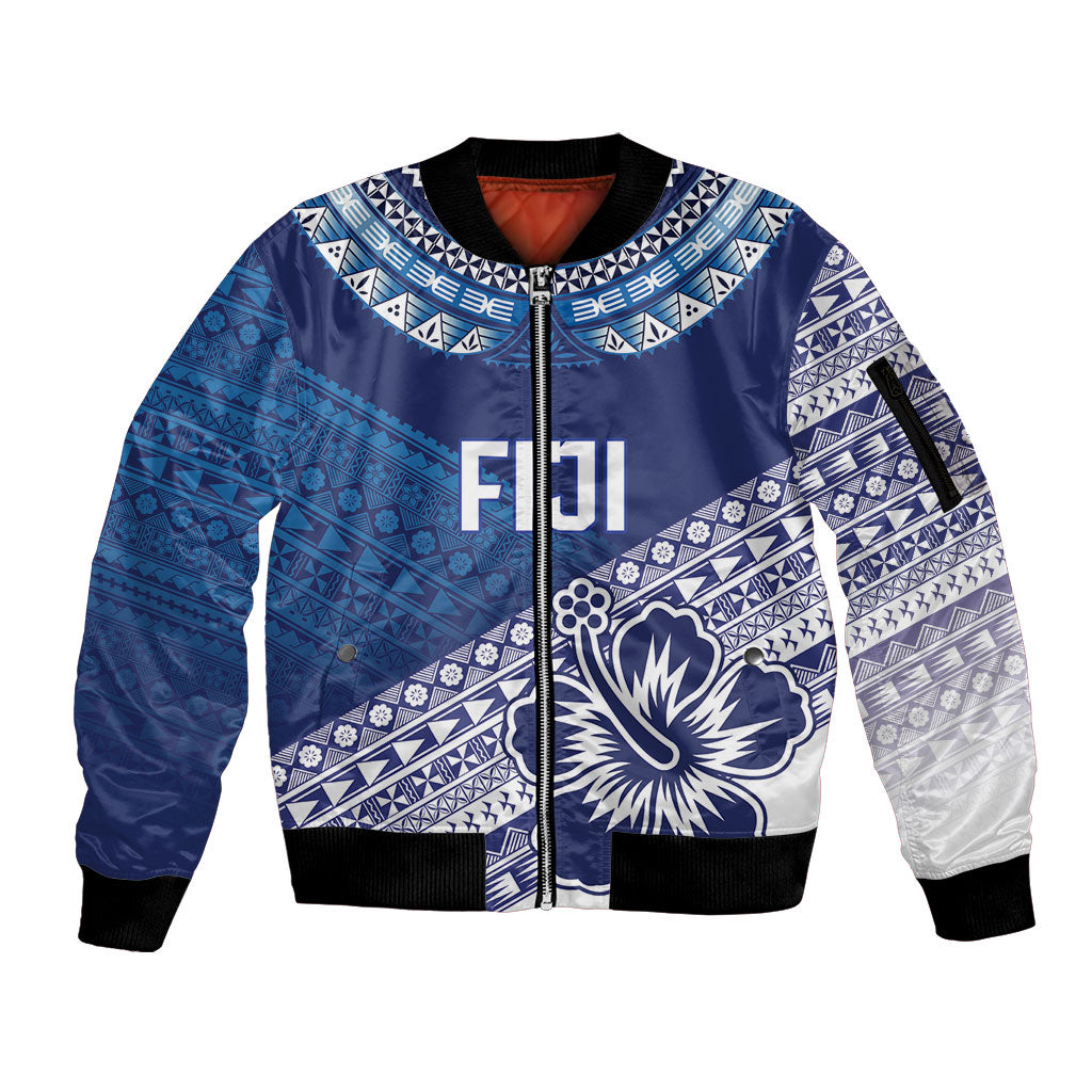 Custom Rugby Fiji Sleeve Zip Bomber Jacket Blue Traditional Masi Inspired LT9 Unisex Blue - Polynesian Pride