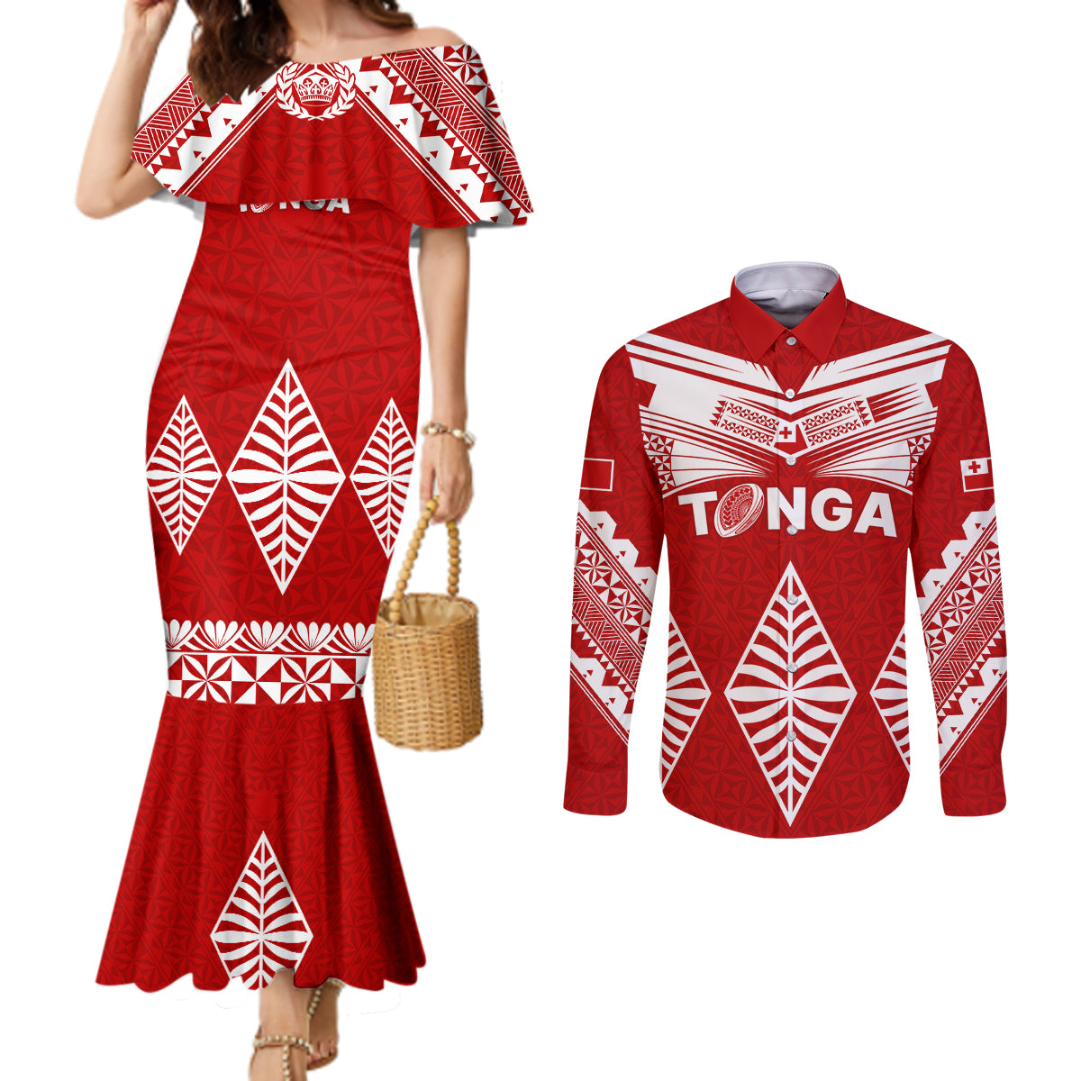 Tonga Rugby Couples Matching Mermaid Dress and Long Sleeve Button Shirts Proud Tongan Ngatu Kupesi World Cup 2023 No1 LT9 White - Polynesian Pride